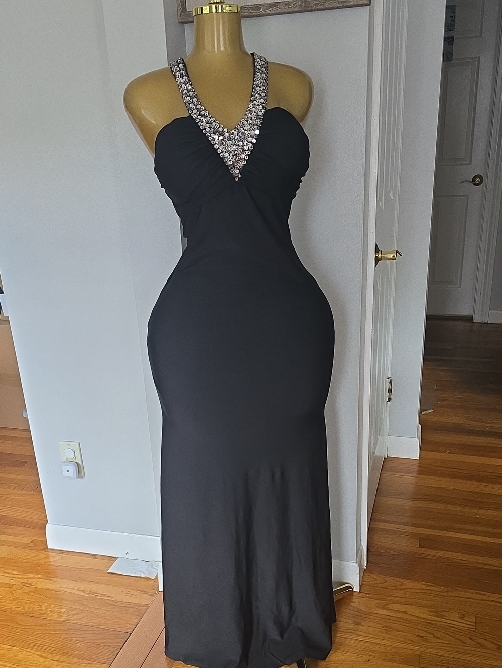 Elegant Black Beaded Halter Evening Gown